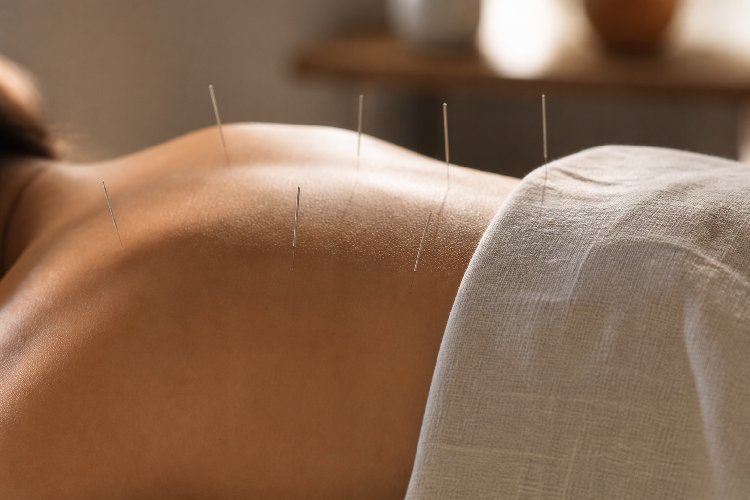 Acupuncture needles set along the upper back in a calm Norco clinic